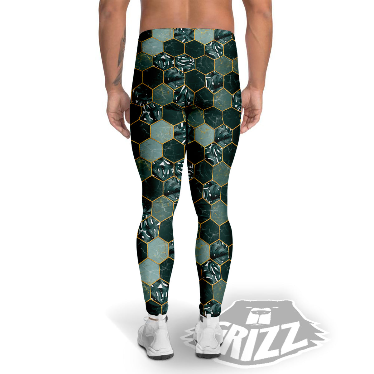 Marble Hexagon Green Tropical Print Pattern Men's Leggings-grizzshop