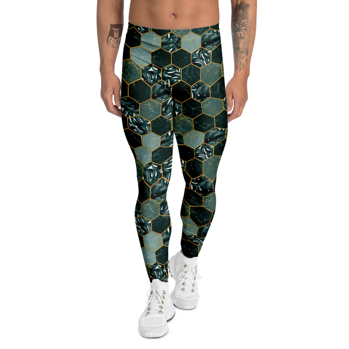 Marble Hexagon Green Tropical Print Pattern Men's Leggings-grizzshop