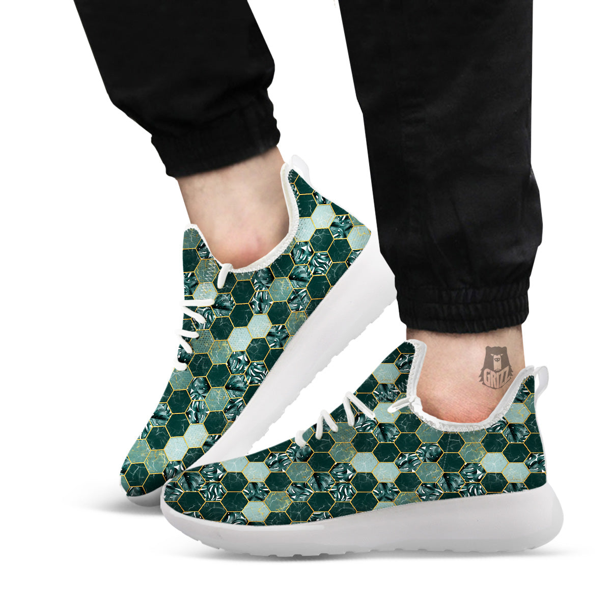 Marble Hexagon Green Tropical Print Pattern White Athletic Shoes-grizzshop