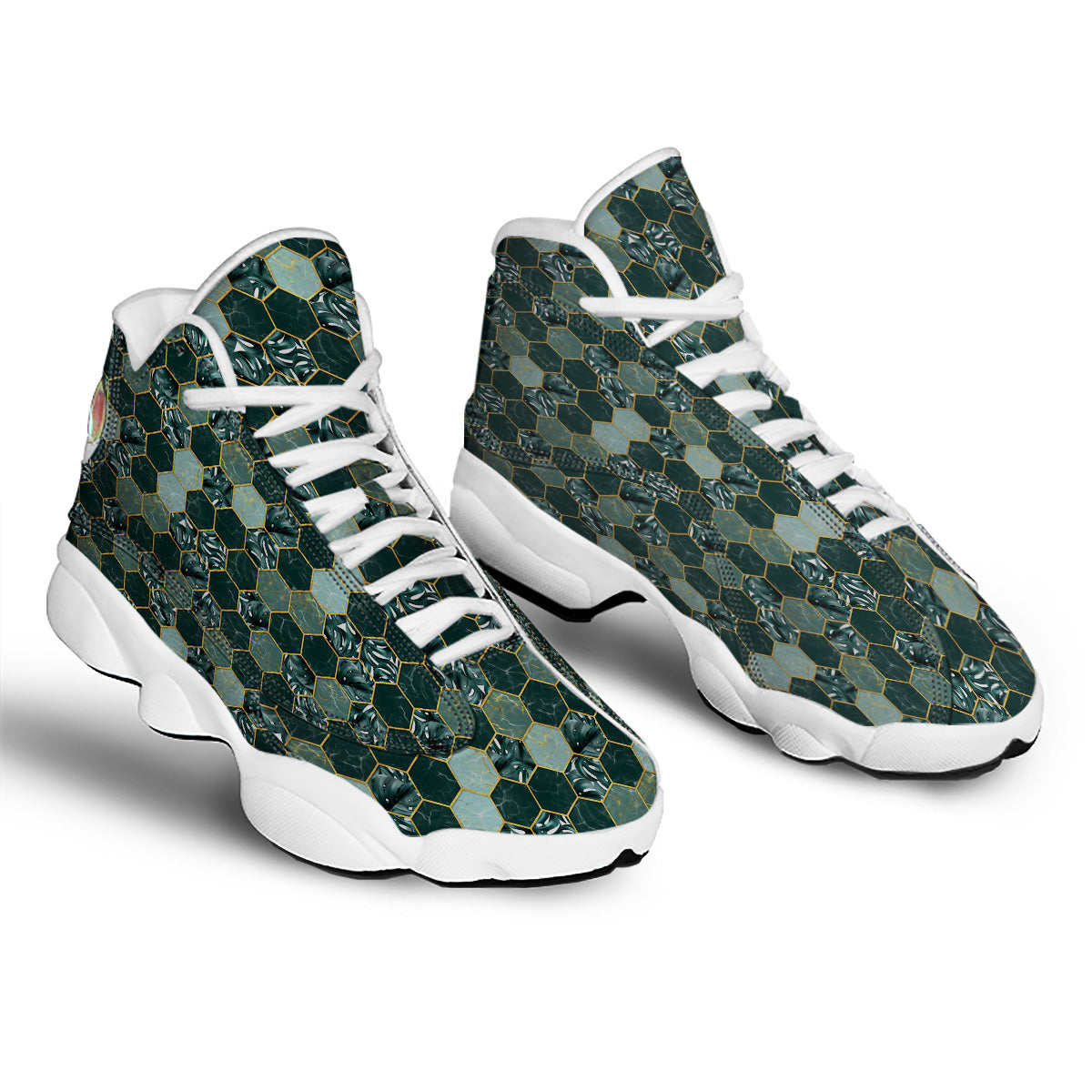 Marble Hexagon Green Tropical Print Pattern White Basketball Shoes-grizzshop