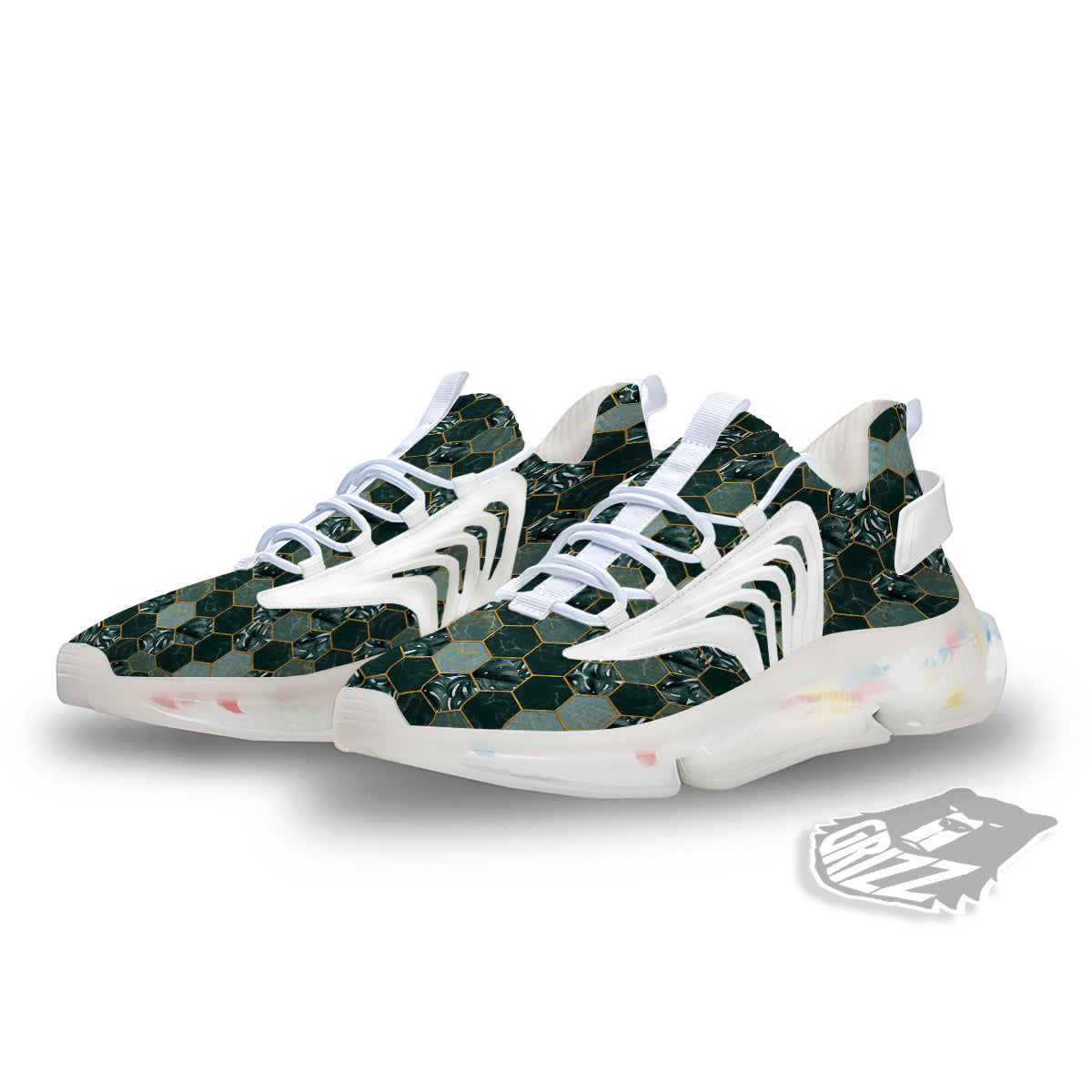 Marble Hexagon Green Tropical Print Pattern White Gym Shoes-grizzshop