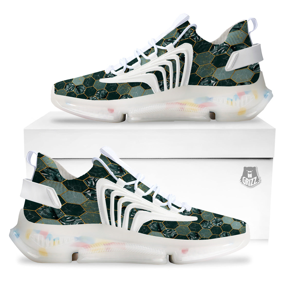 Marble Hexagon Green Tropical Print Pattern White Gym Shoes-grizzshop