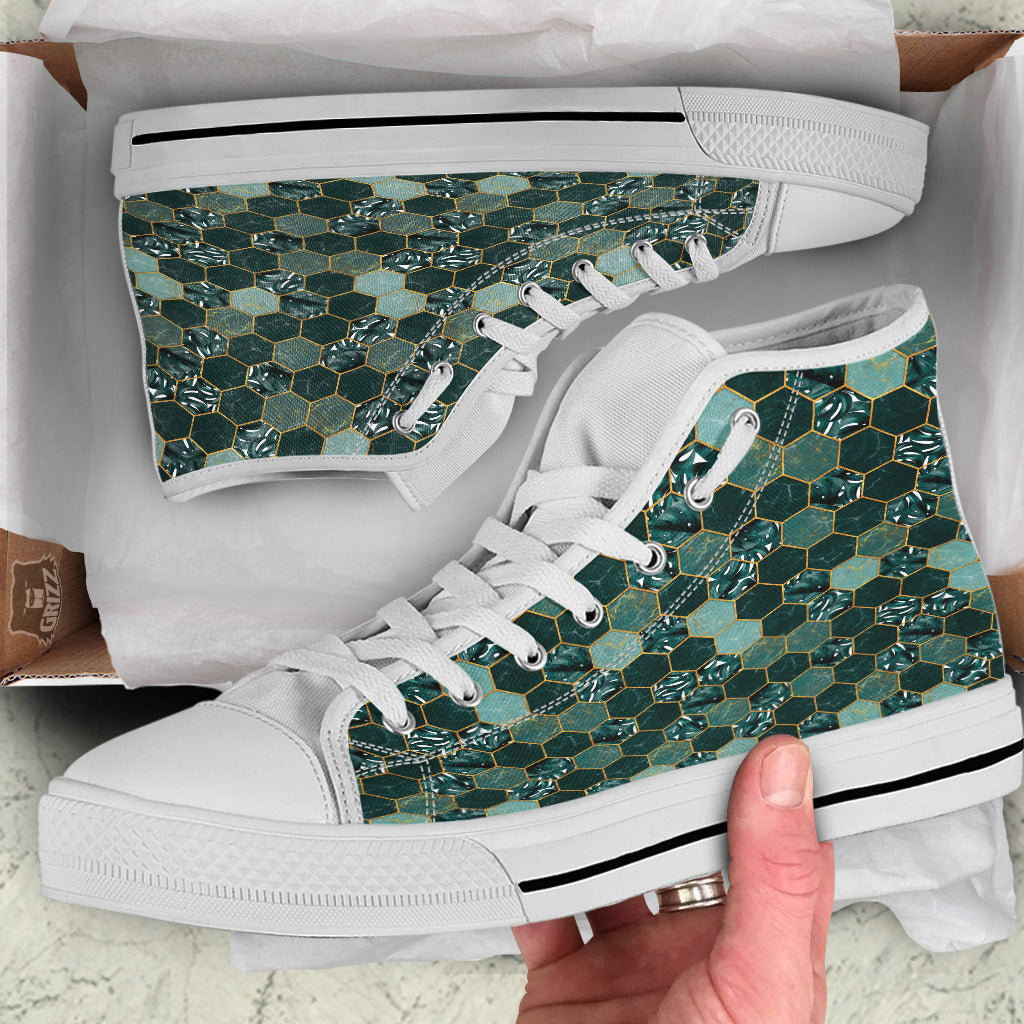 Marble Hexagon Green Tropical Print Pattern White High Top Shoes-grizzshop
