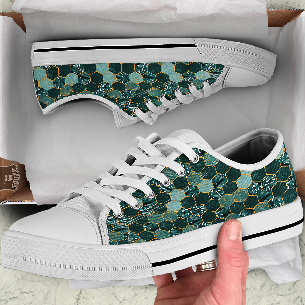 Marble Hexagon Green Tropical Print Pattern White Low Top Shoes-grizzshop