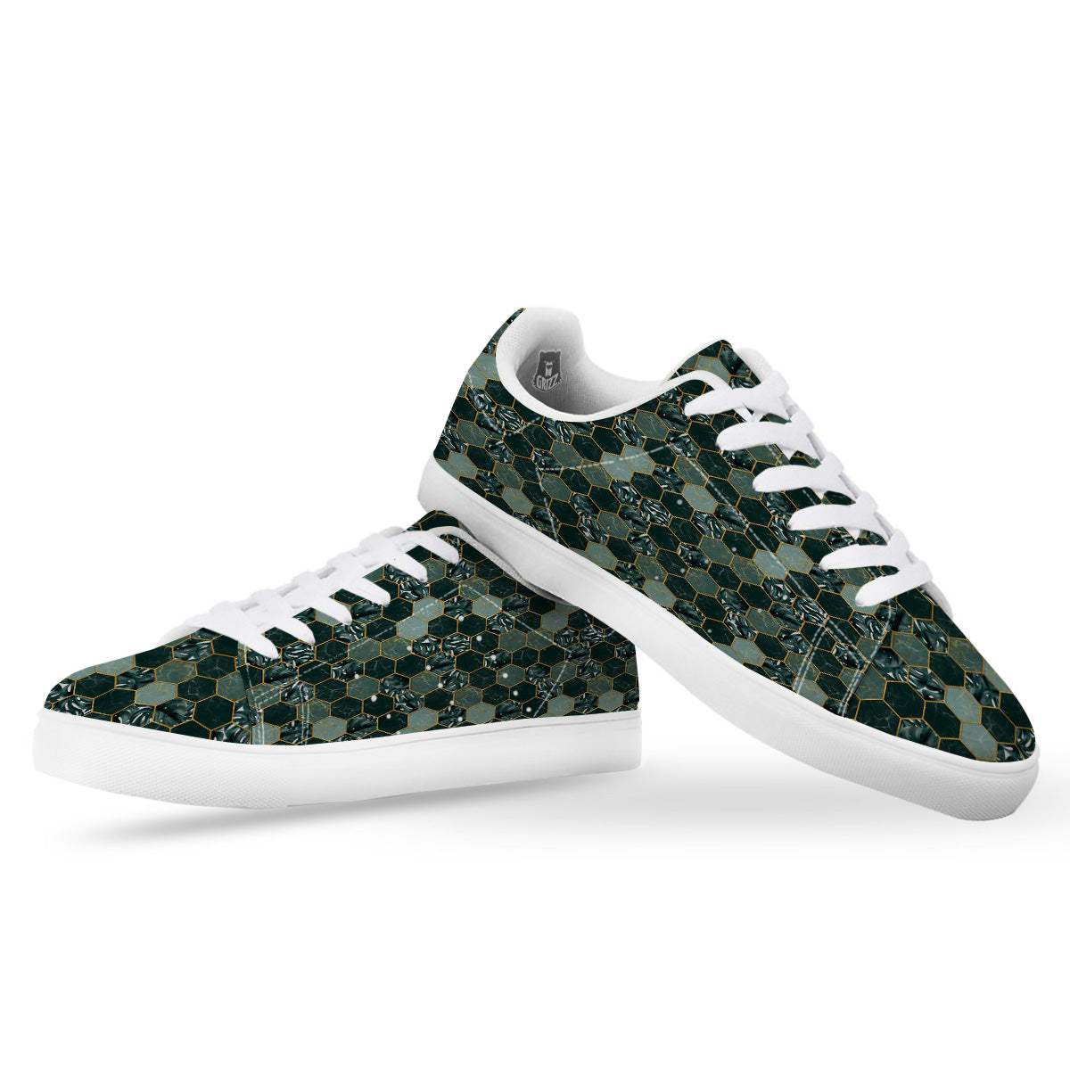 Marble Hexagon Green Tropical Print Pattern White Low Top Sneakers-grizzshop