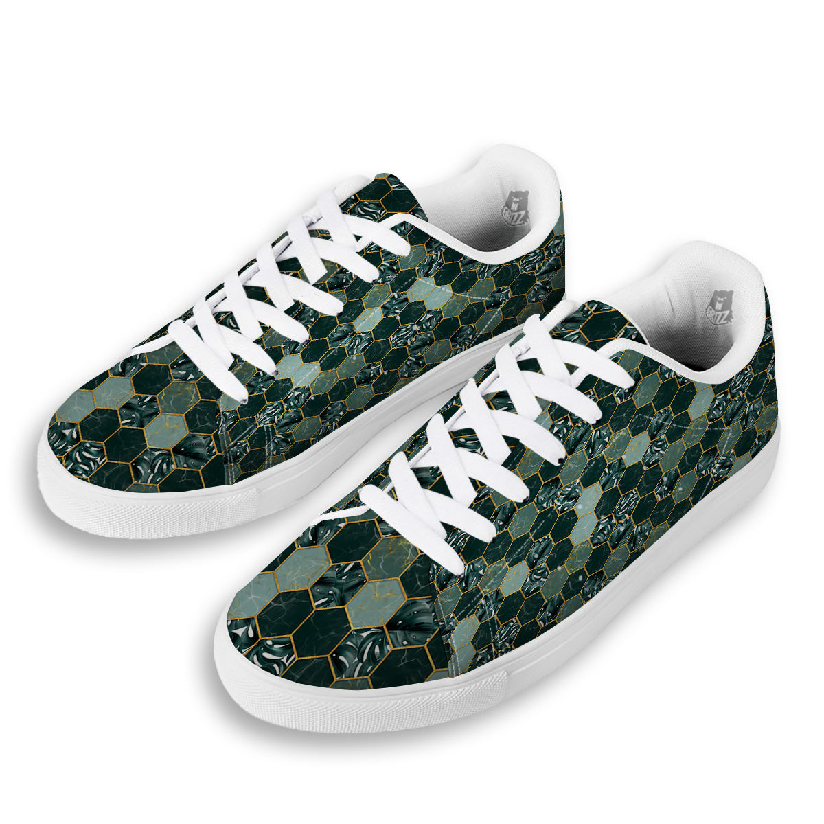 Marble Hexagon Green Tropical Print Pattern White Low Top Sneakers-grizzshop