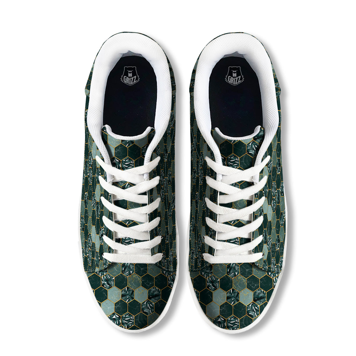 Marble Hexagon Green Tropical Print Pattern White Low Top Sneakers-grizzshop