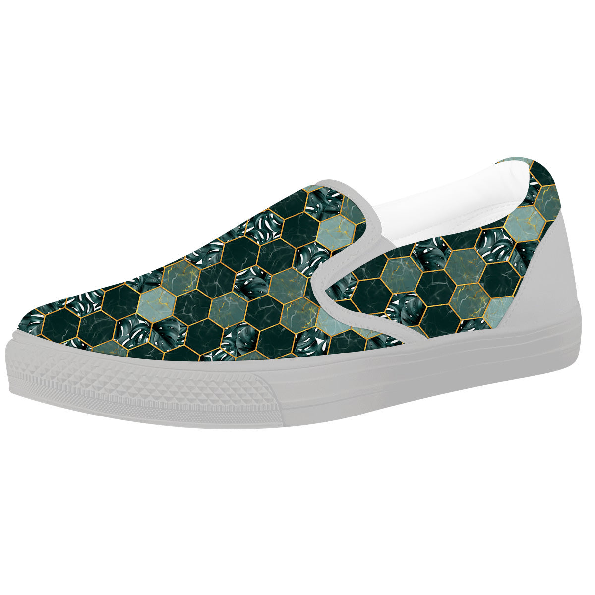 Marble Hexagon Green Tropical Print Pattern White Slip On Shoes-grizzshop