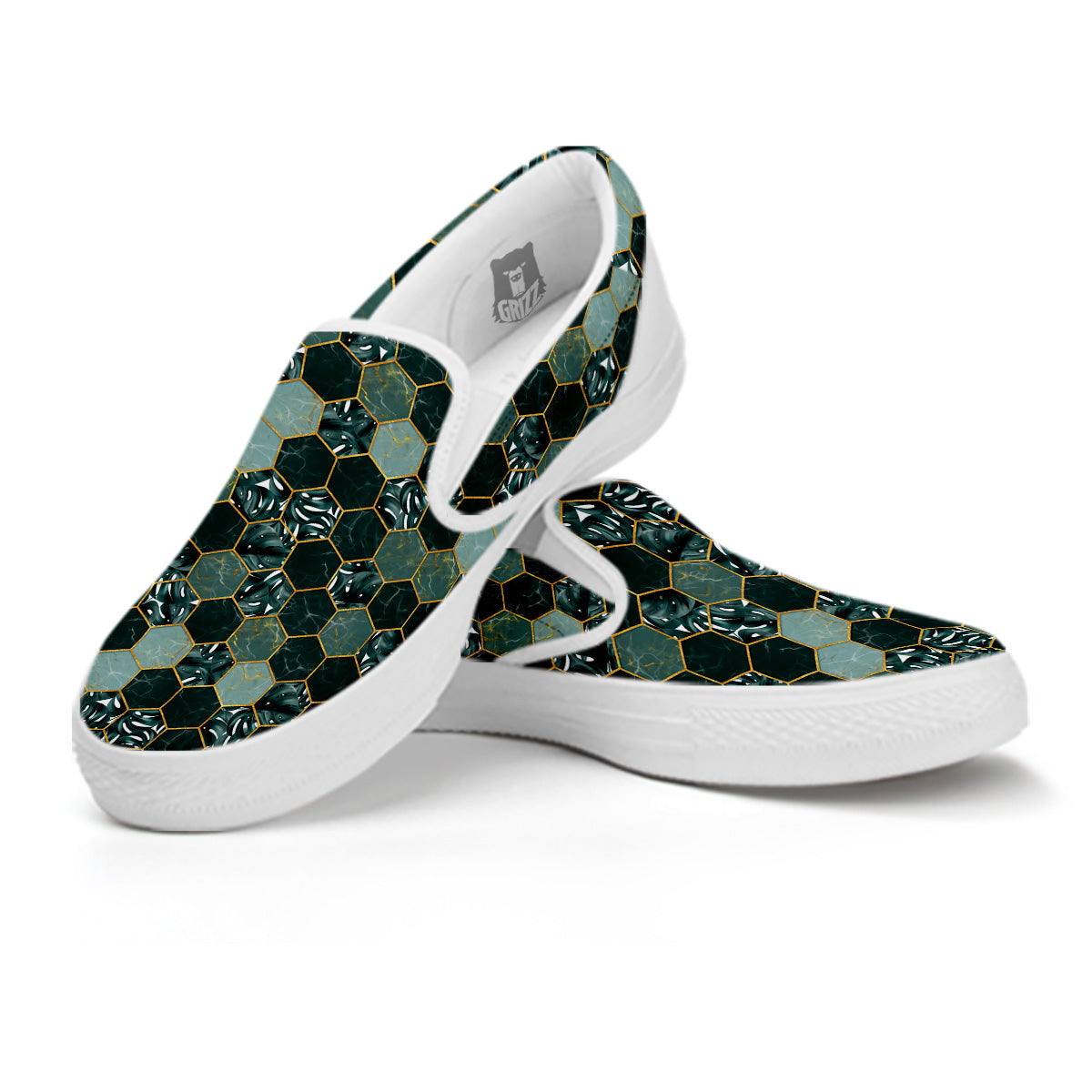 Marble Hexagon Green Tropical Print Pattern White Slip On Shoes-grizzshop