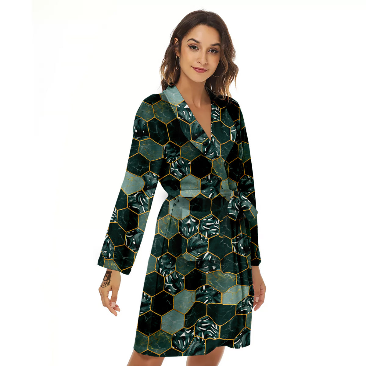 Marble Hexagon Green Tropical Print Pattern Women's Robe-grizzshop