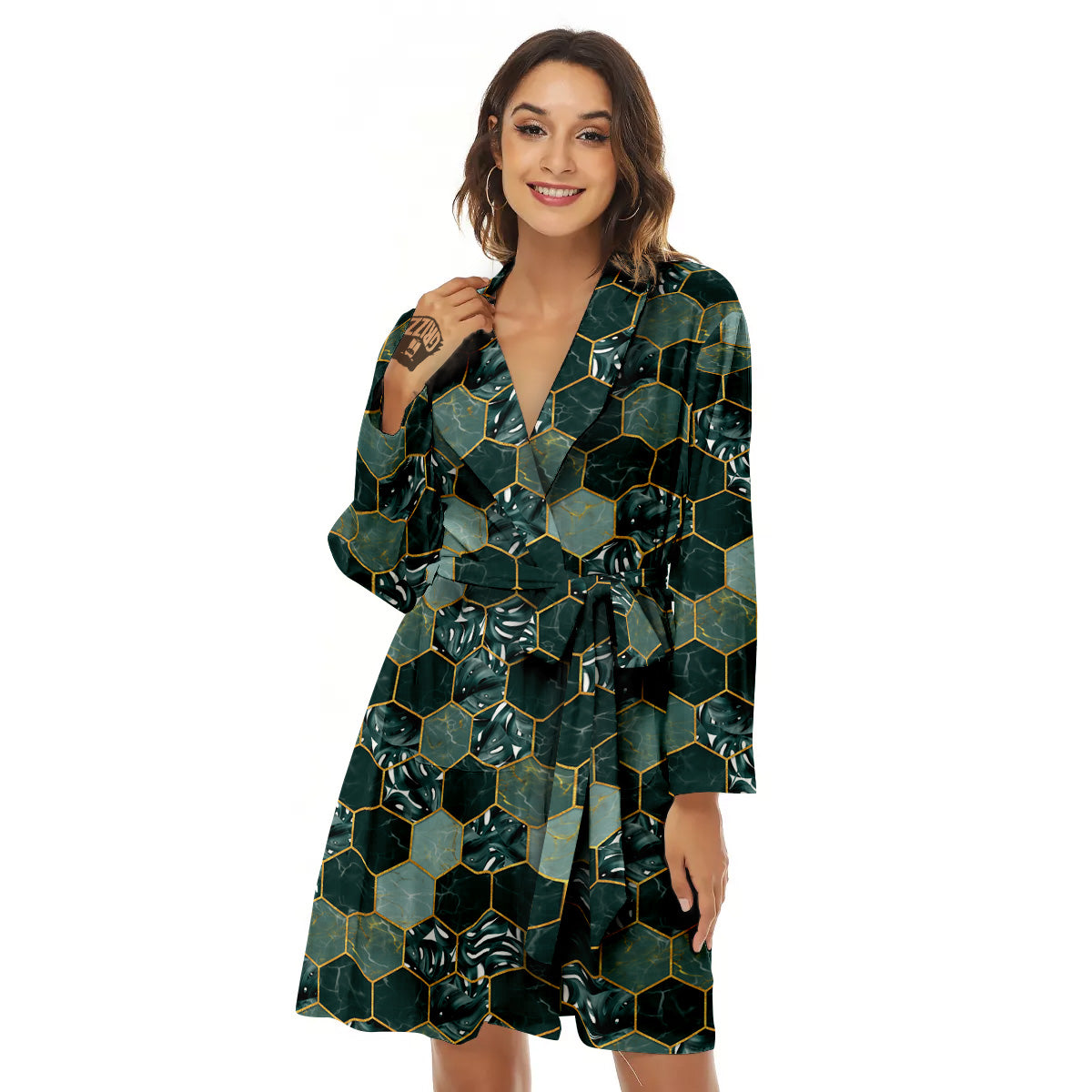 Marble Hexagon Green Tropical Print Pattern Women's Robe-grizzshop