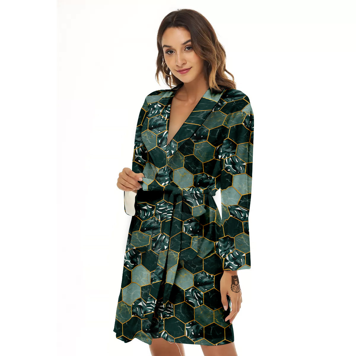 Marble Hexagon Green Tropical Print Pattern Women's Robe-grizzshop