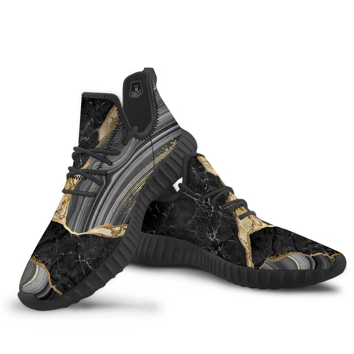 Marble Liquid Black Gold Print Black Walking Shoes-grizzshop