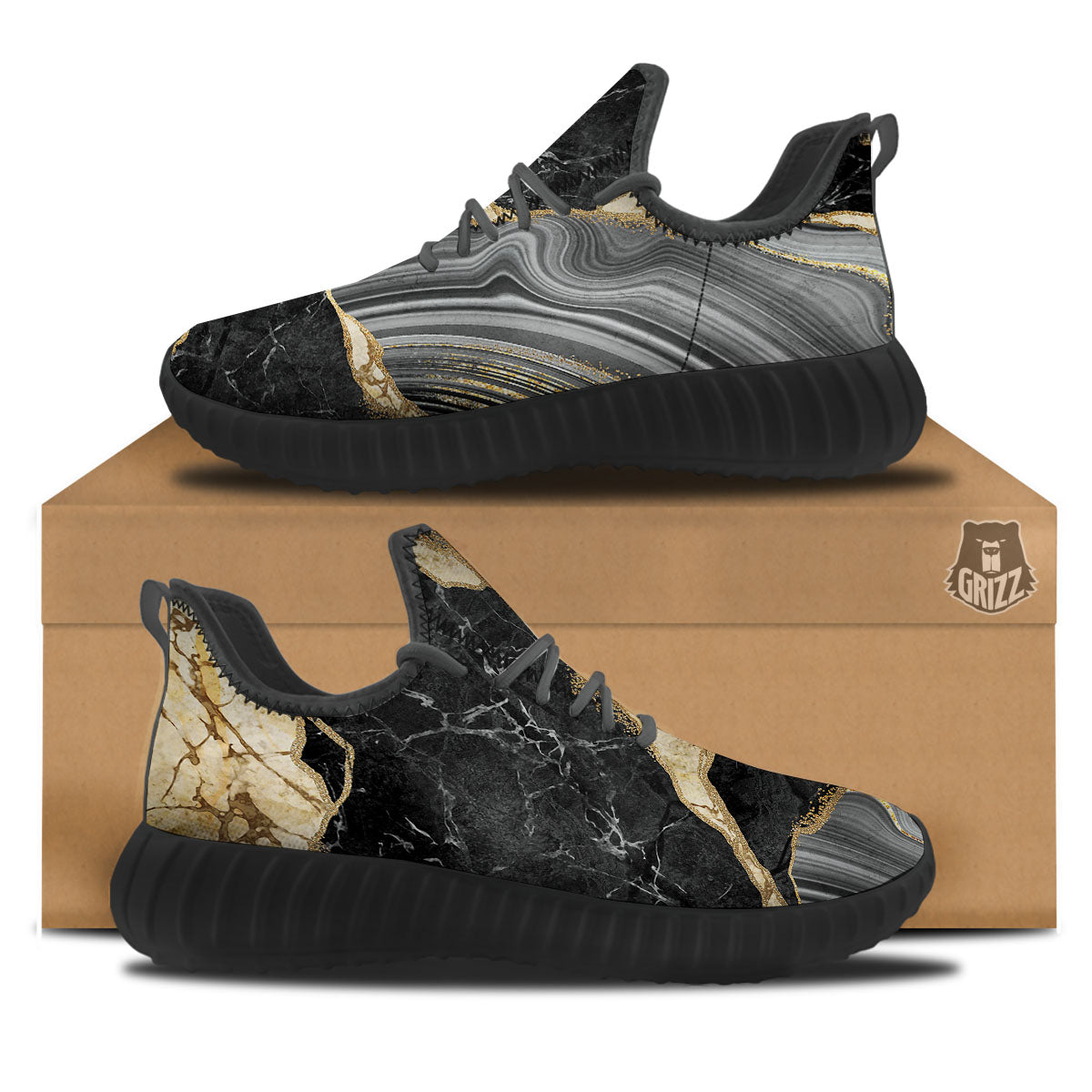 Marble Liquid Black Gold Print Black Walking Shoes-grizzshop