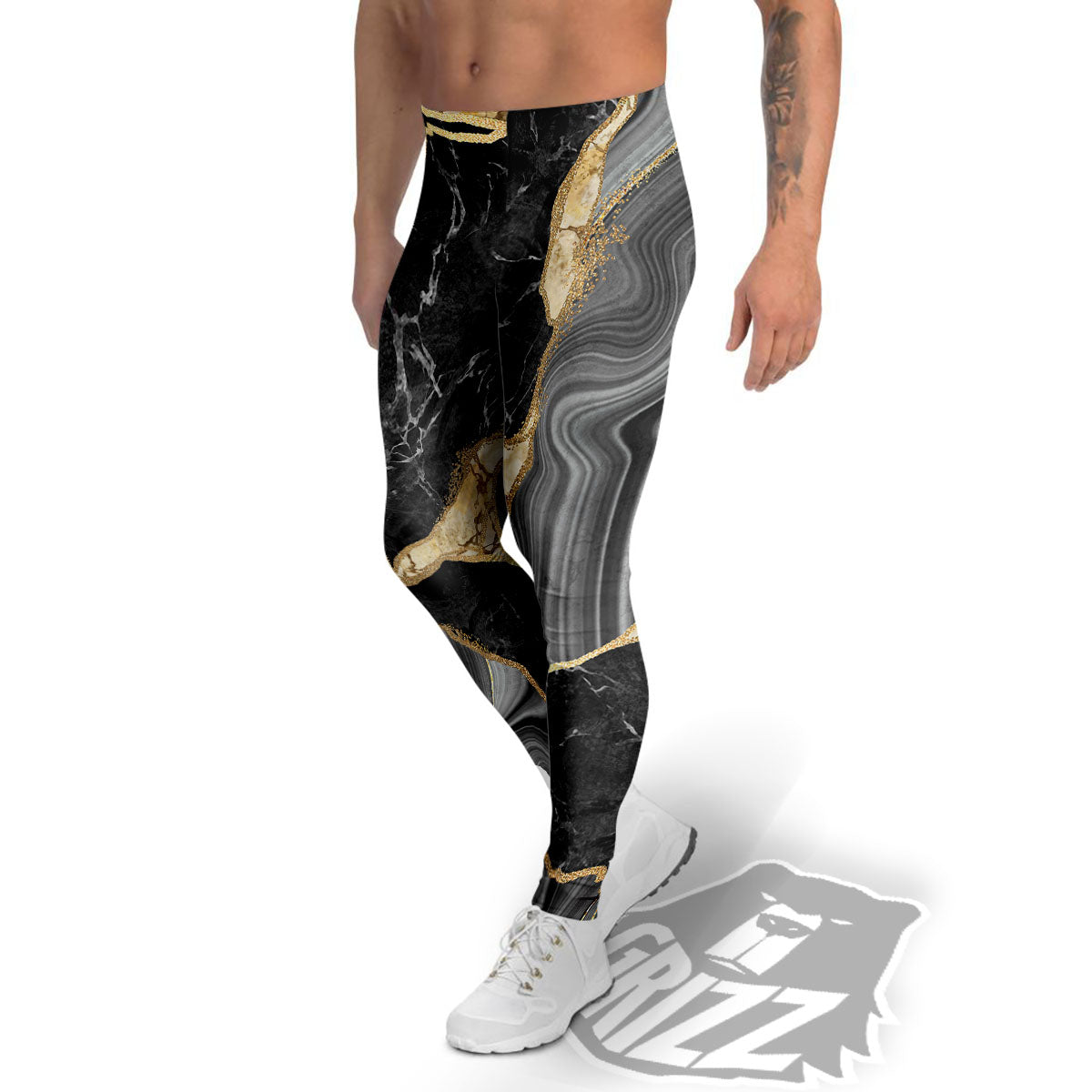 Marble Liquid Black Gold Print Men's Leggings-grizzshop