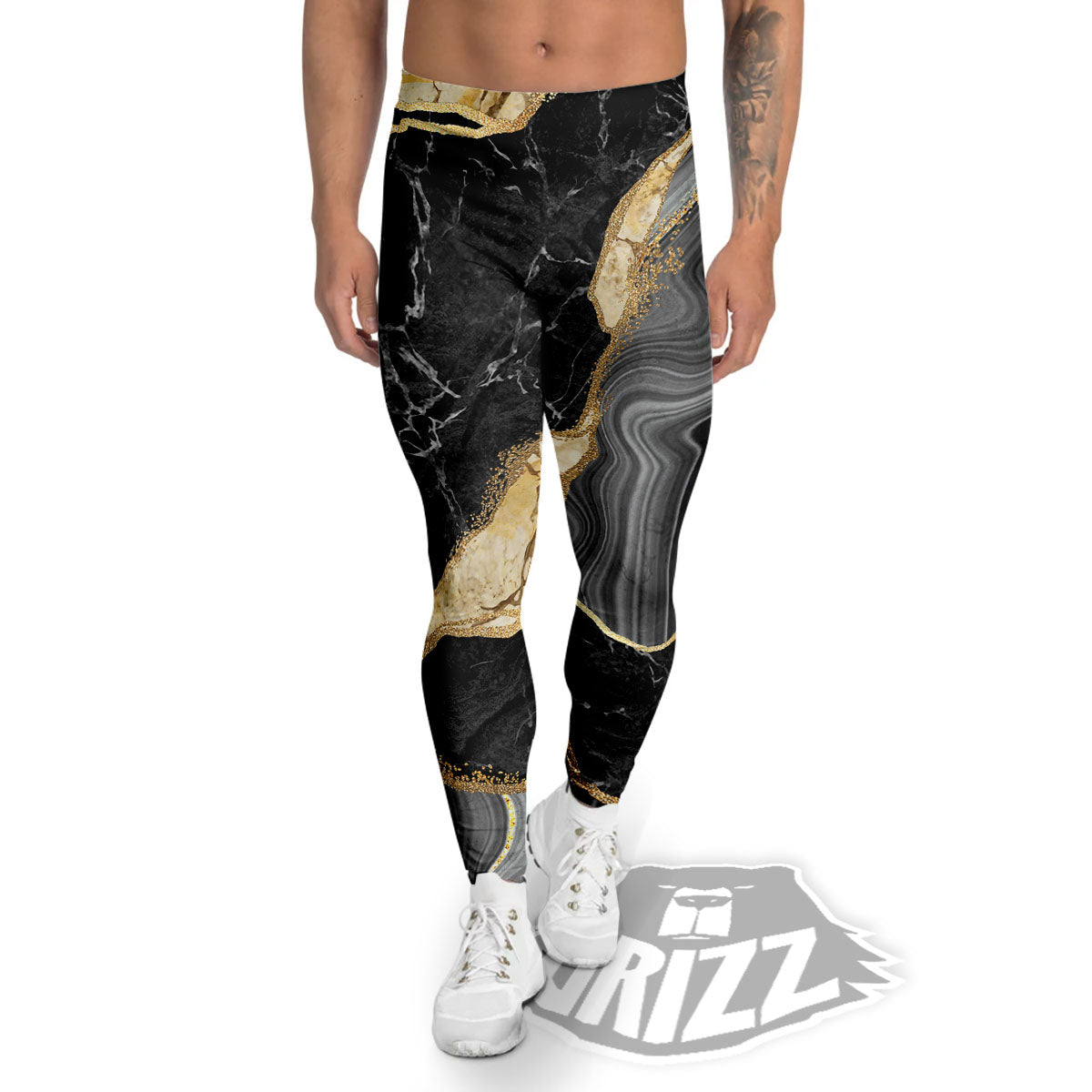 Marble Liquid Black Gold Print Men's Leggings-grizzshop