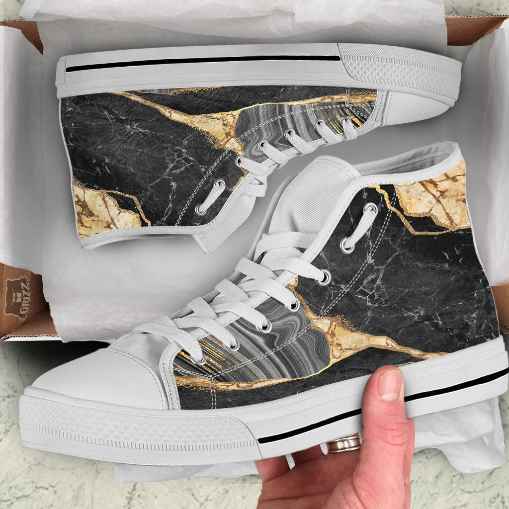 Marble Liquid Black Gold Print White High Top Shoes-grizzshop