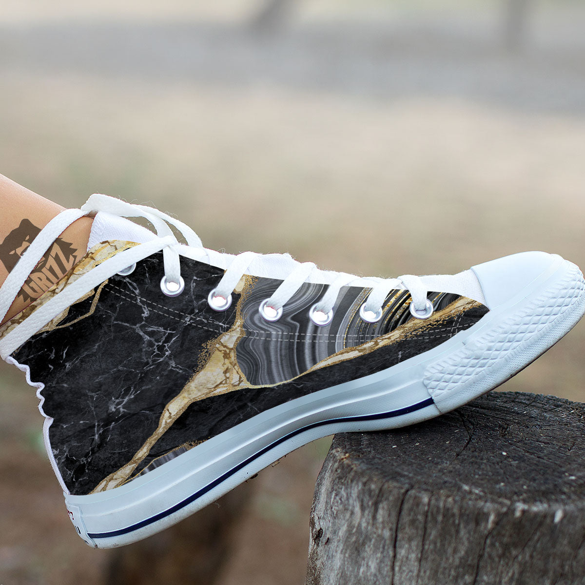 Marble Liquid Black Gold Print White High Top Shoes-grizzshop