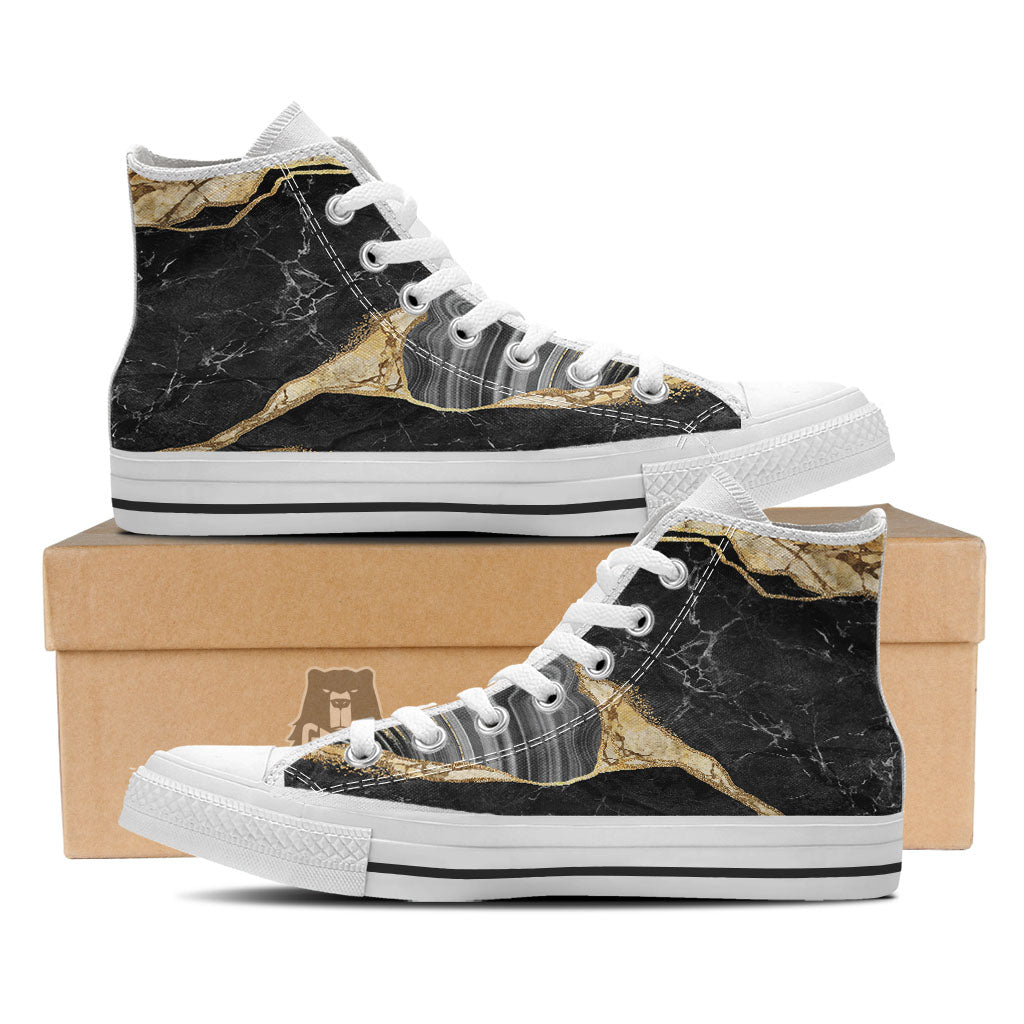 Marble Liquid Black Gold Print White High Top Shoes-grizzshop