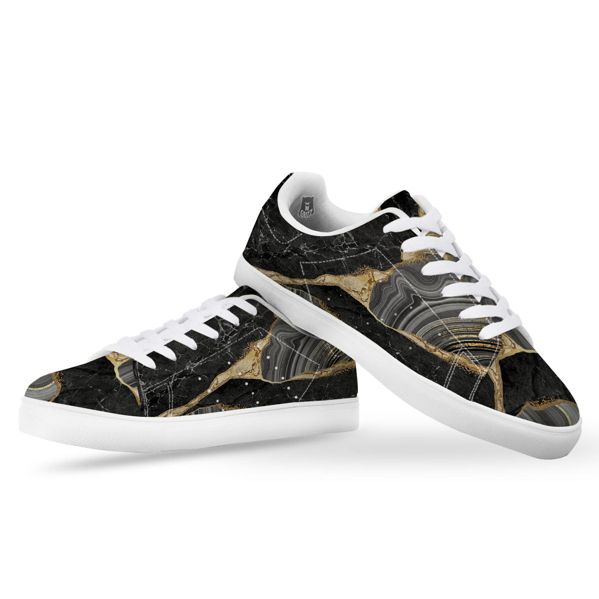 Marble Liquid Black Gold Print White Low Top Sneakers-grizzshop