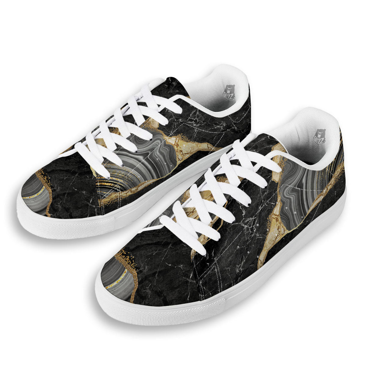 Marble Liquid Black Gold Print White Low Top Sneakers-grizzshop