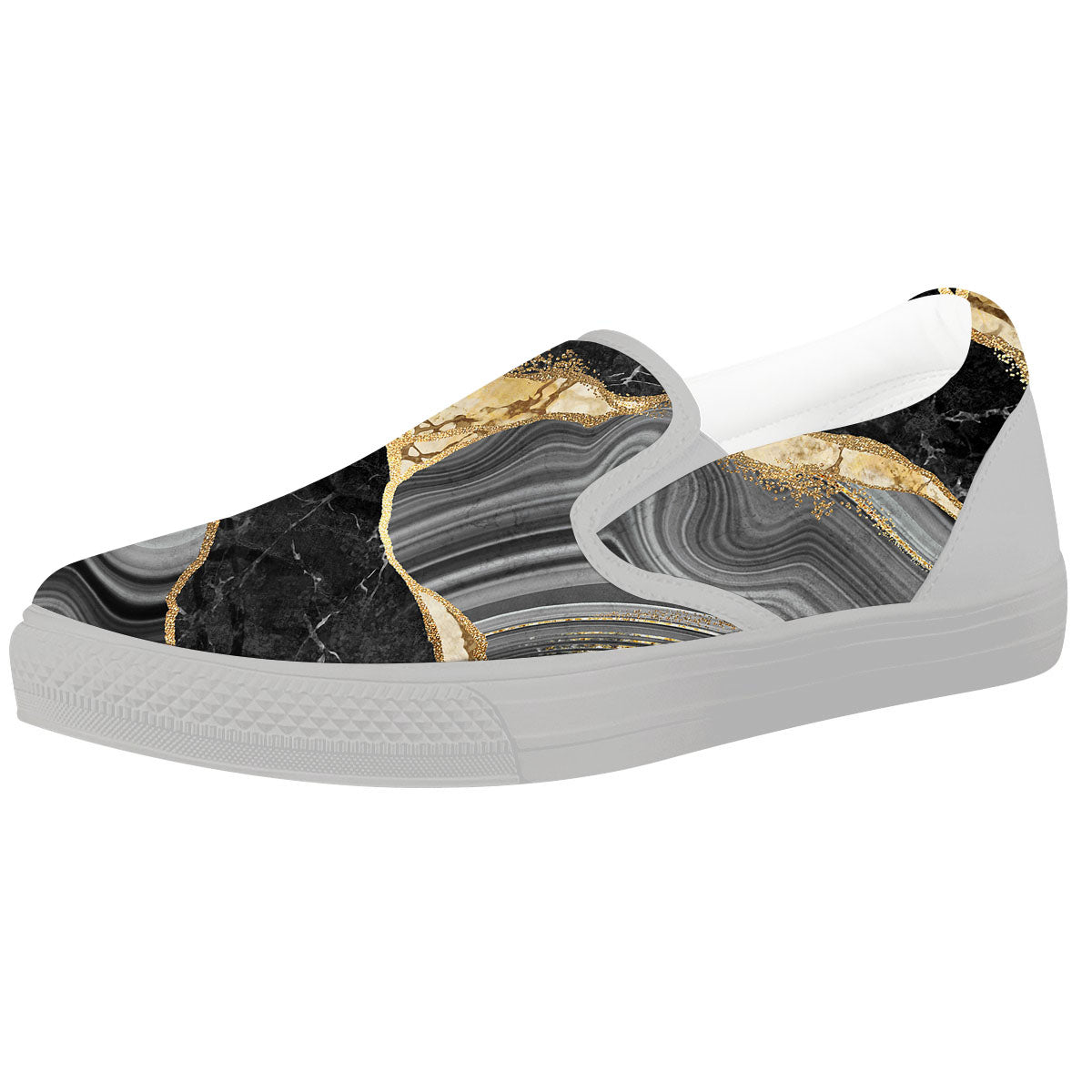 Marble Liquid Black Gold Print White Slip On Shoes-grizzshop