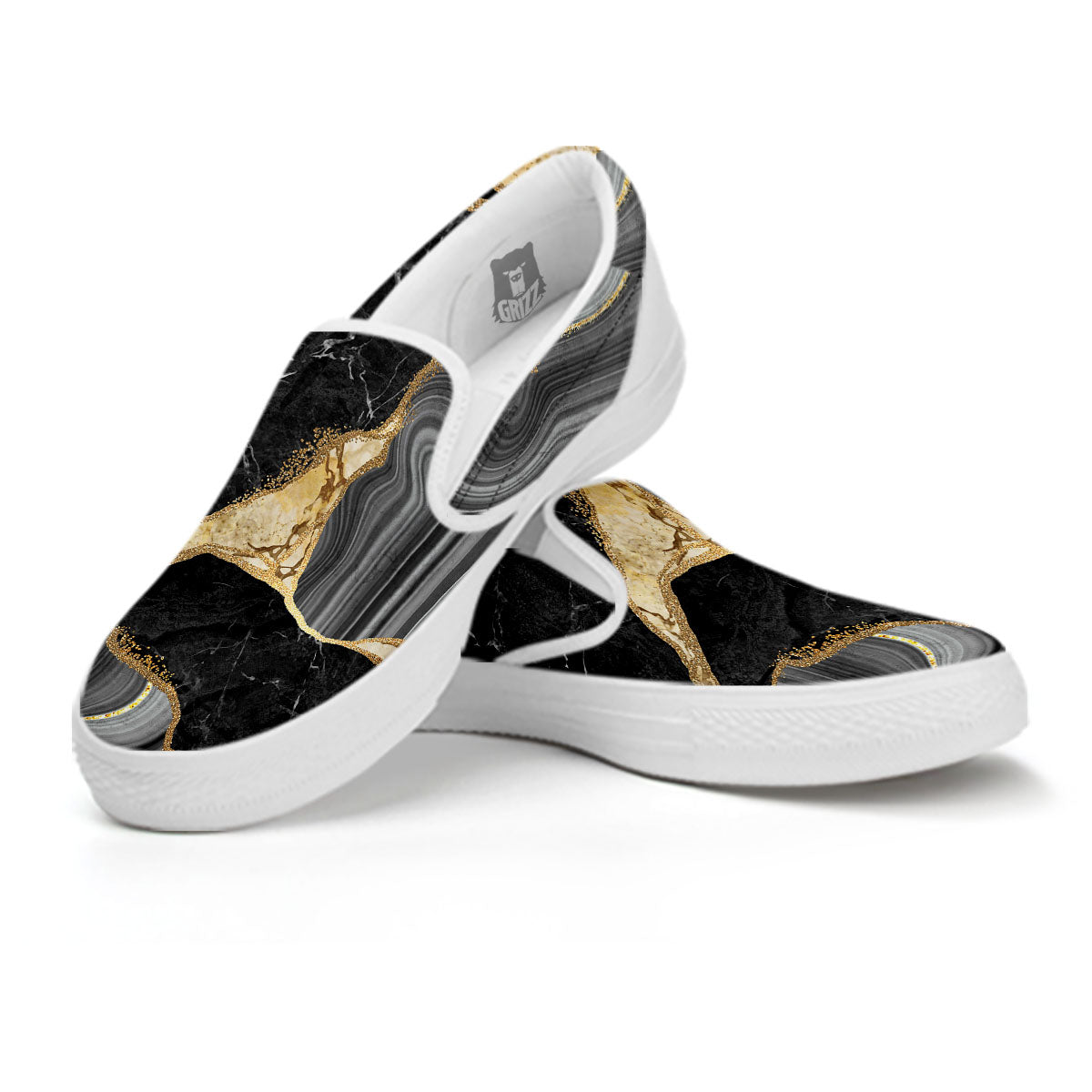 Marble Liquid Black Gold Print White Slip On Shoes-grizzshop
