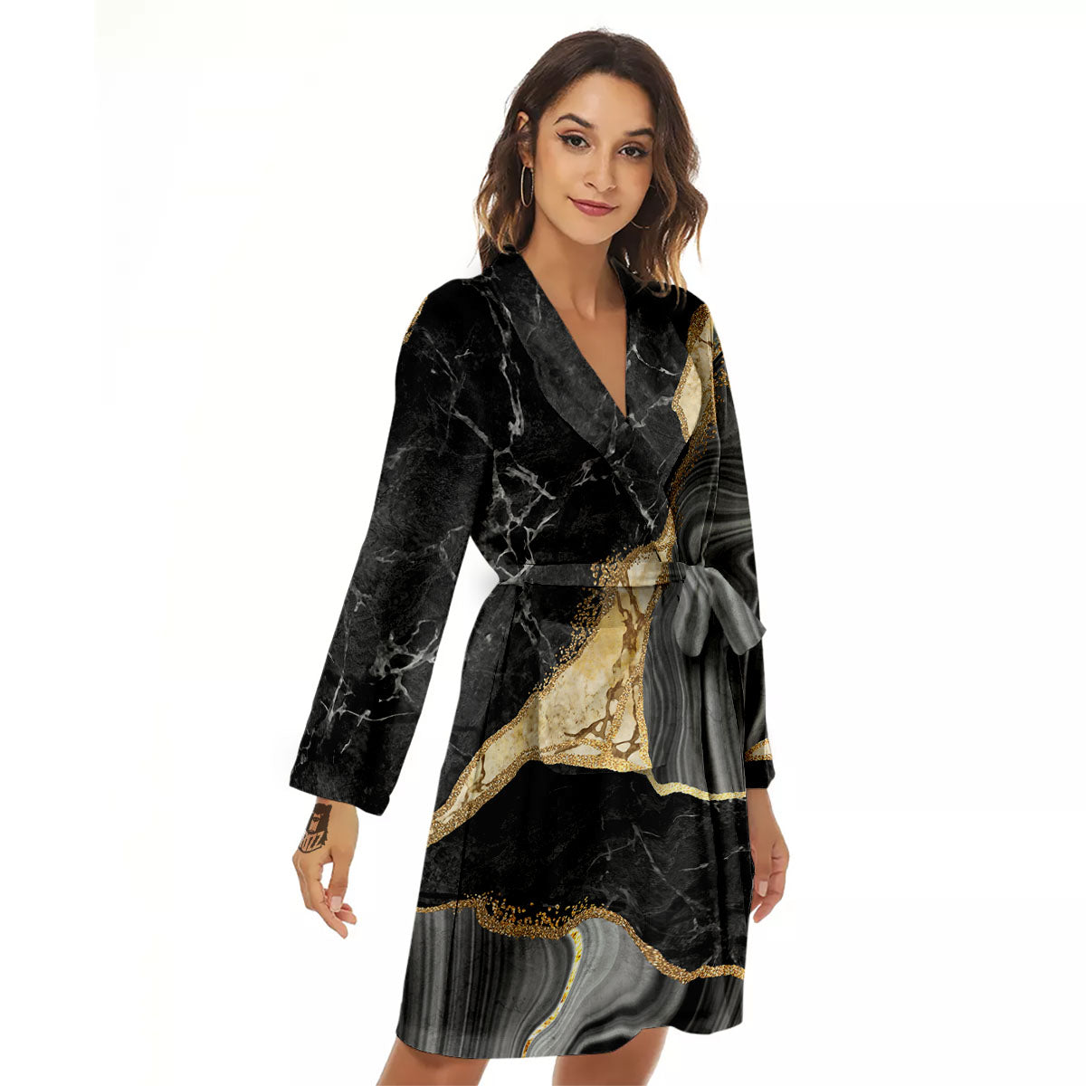 Marble Liquid Black Gold Print Women's Robe-grizzshop
