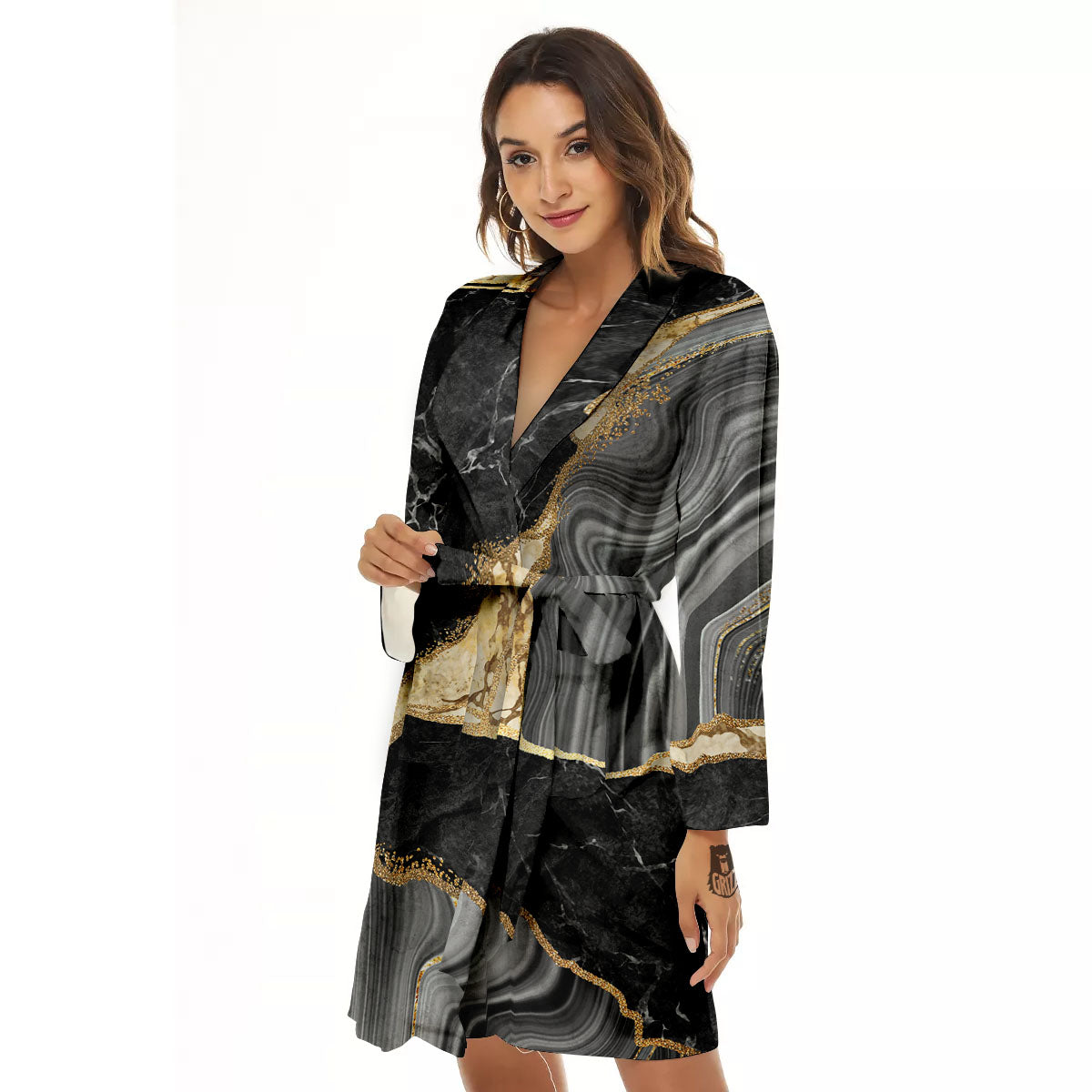Marble Liquid Black Gold Print Women's Robe-grizzshop