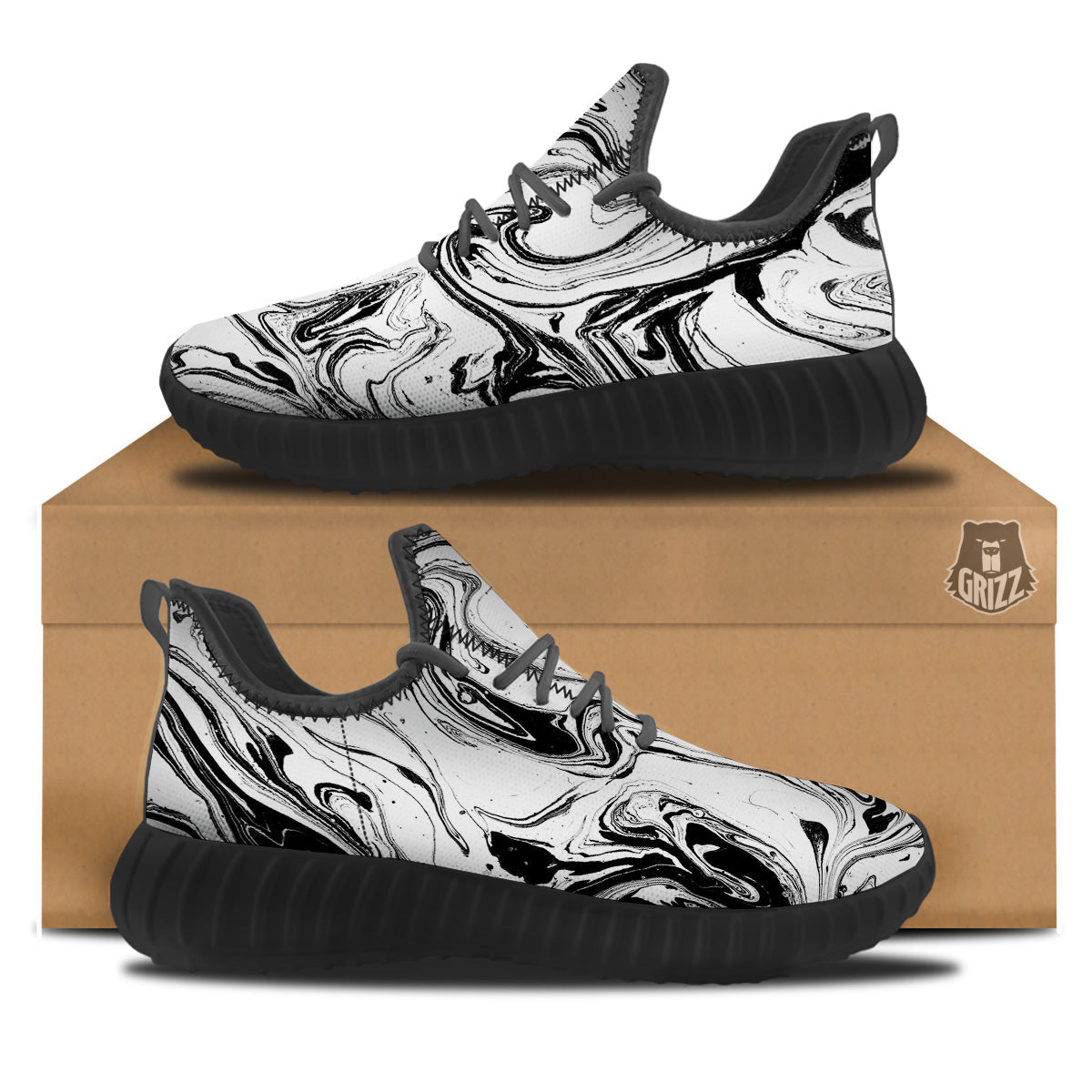 Marble Liquid Black White Print Black Walking Shoes-grizzshop