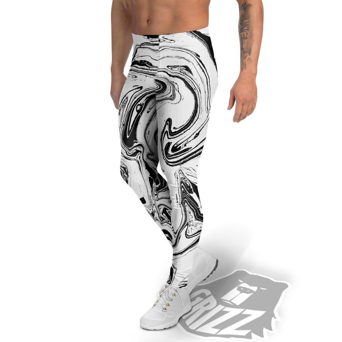 Marble Liquid Black White Print Men's Leggings-grizzshop