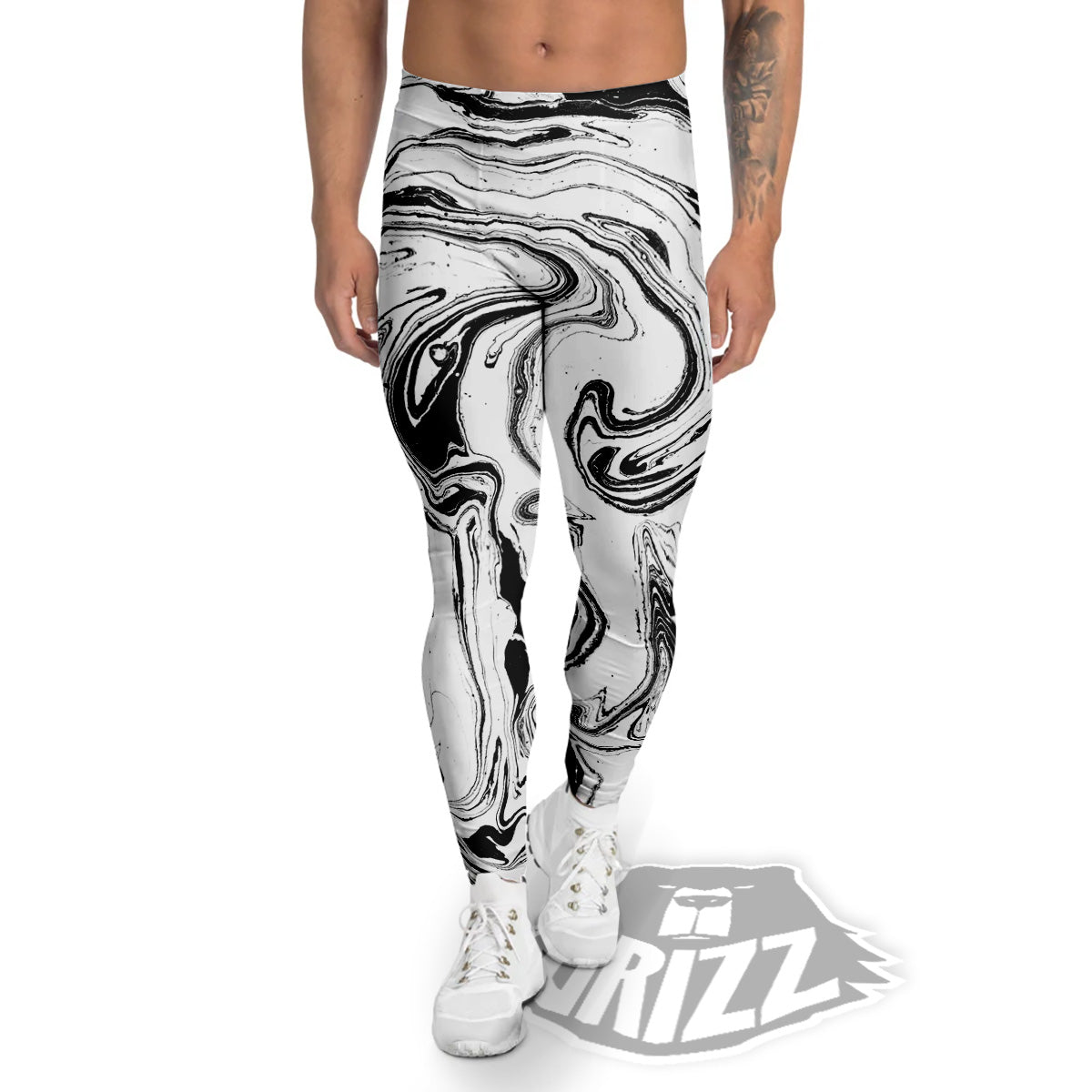 Marble Liquid Black White Print Men's Leggings-grizzshop