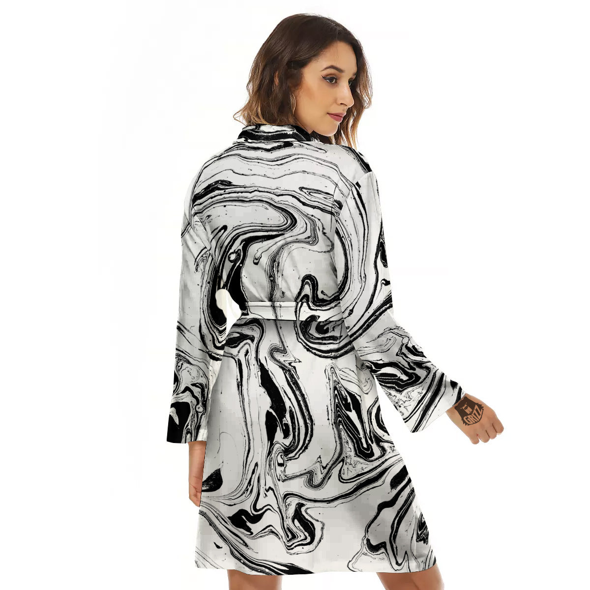 Marble Liquid Black White Print Women's Robe-grizzshop