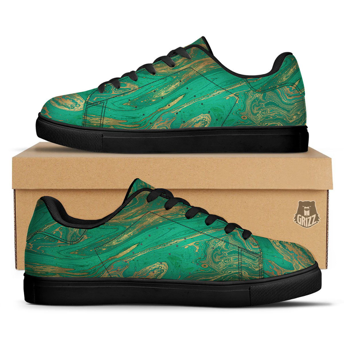 Marble Liquid Green Gold Print Black Low Top Sneakers-grizzshop