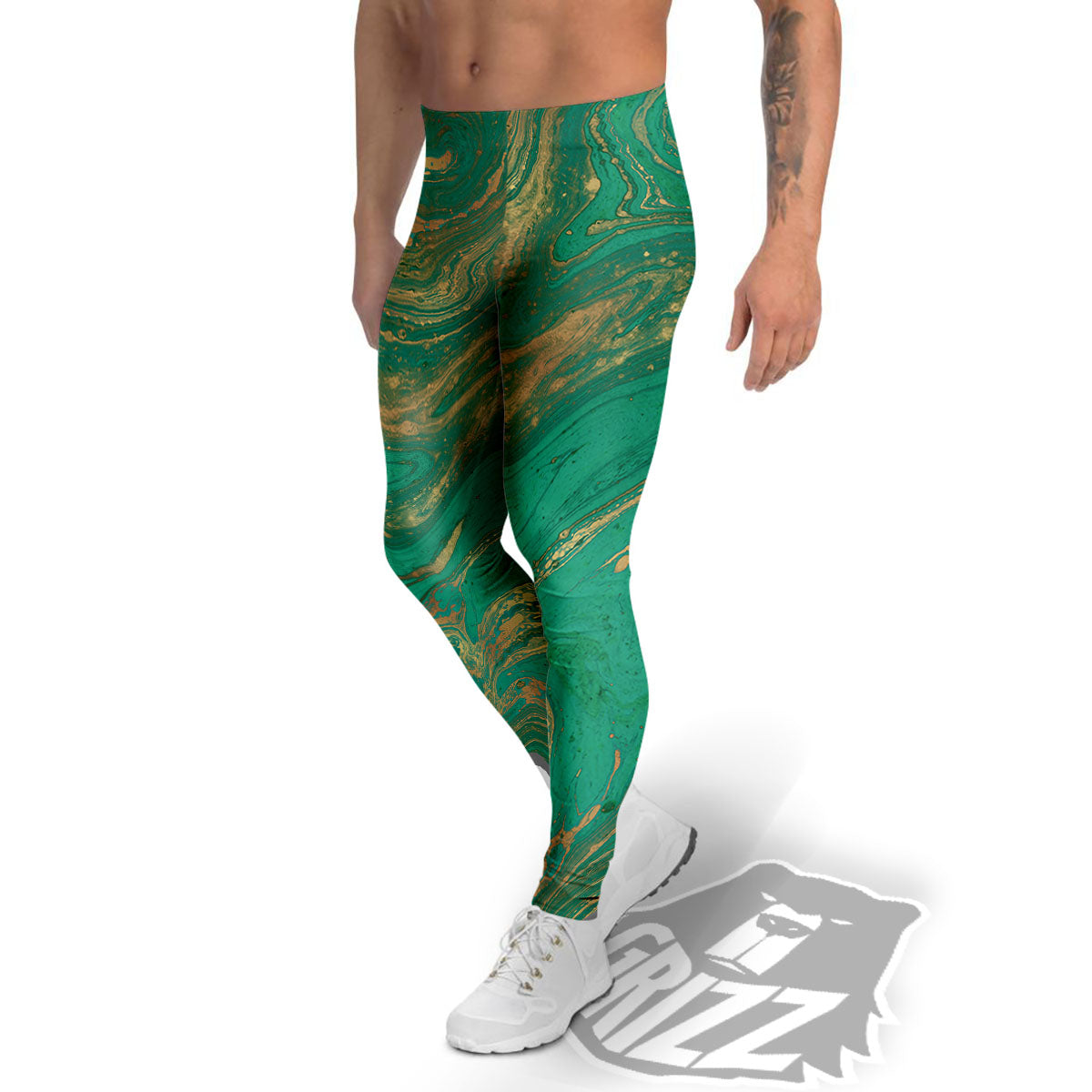 Marble Liquid Green Gold Print Men's Leggings-grizzshop