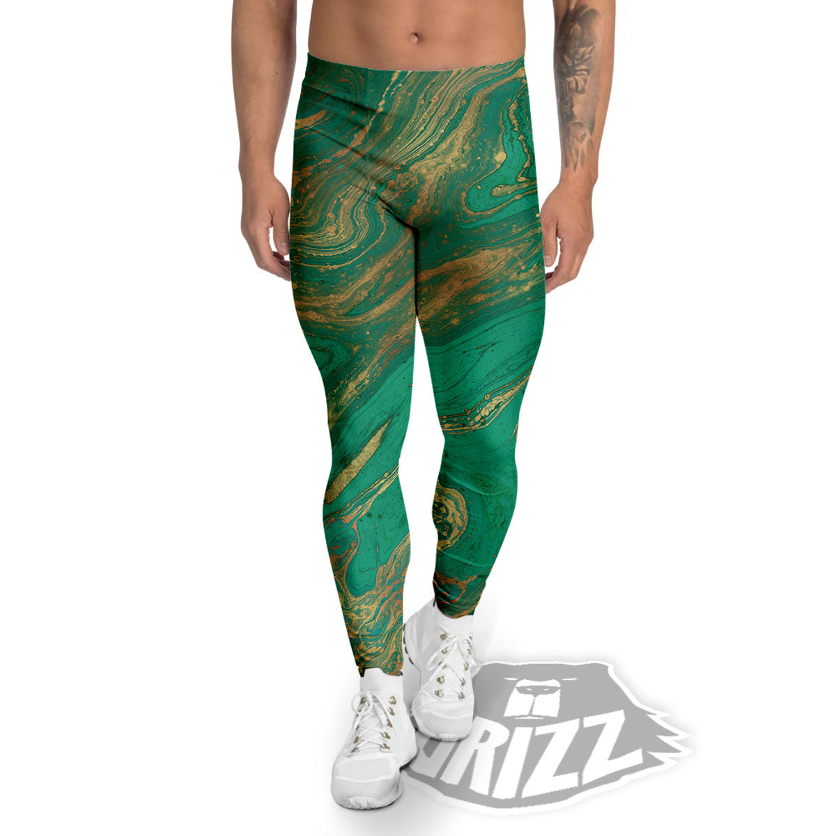 Marble Liquid Green Gold Print Men's Leggings-grizzshop