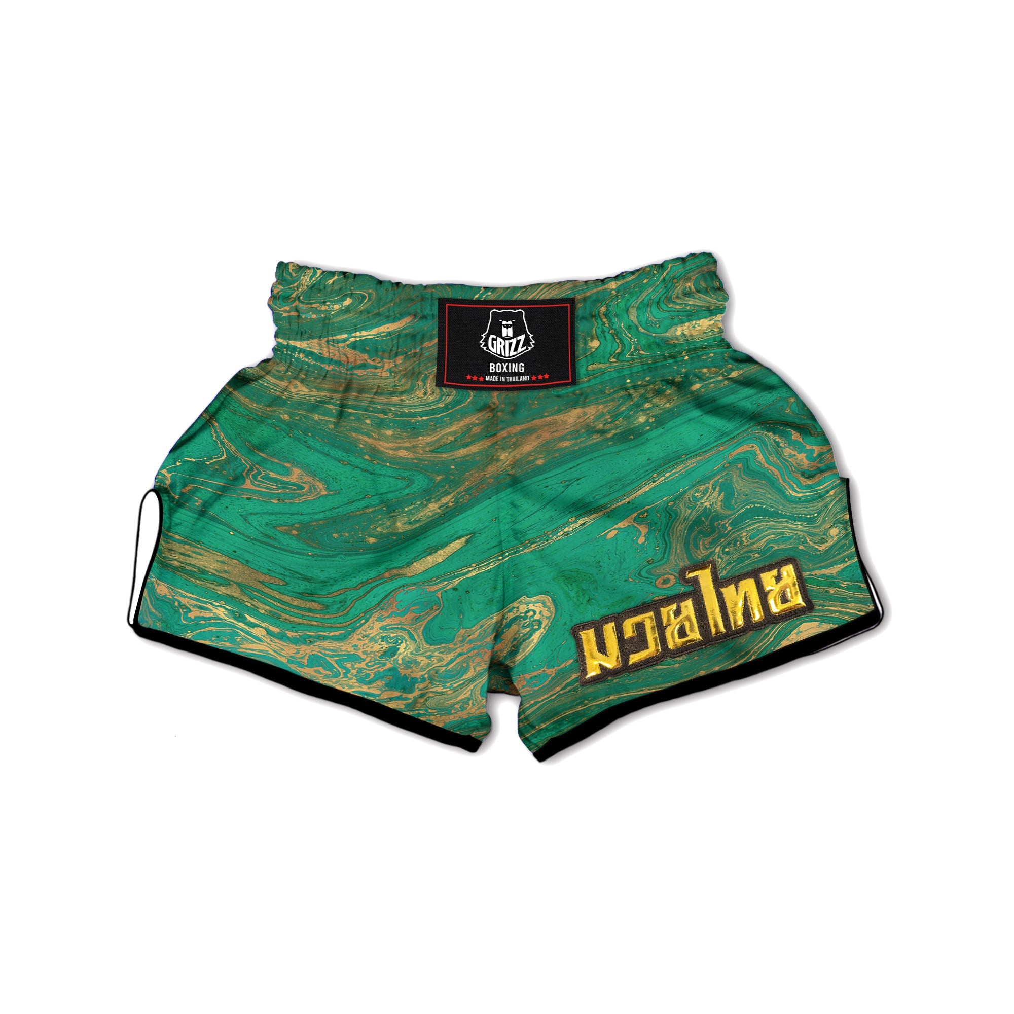 Marble Liquid Green Gold Print Muay Thai Boxing Shorts-grizzshop