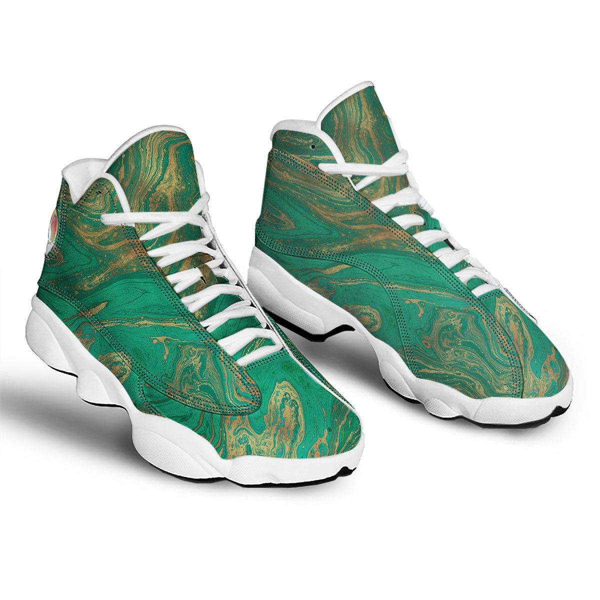 Marble Liquid Green Gold Print White Basketball Shoes-grizzshop