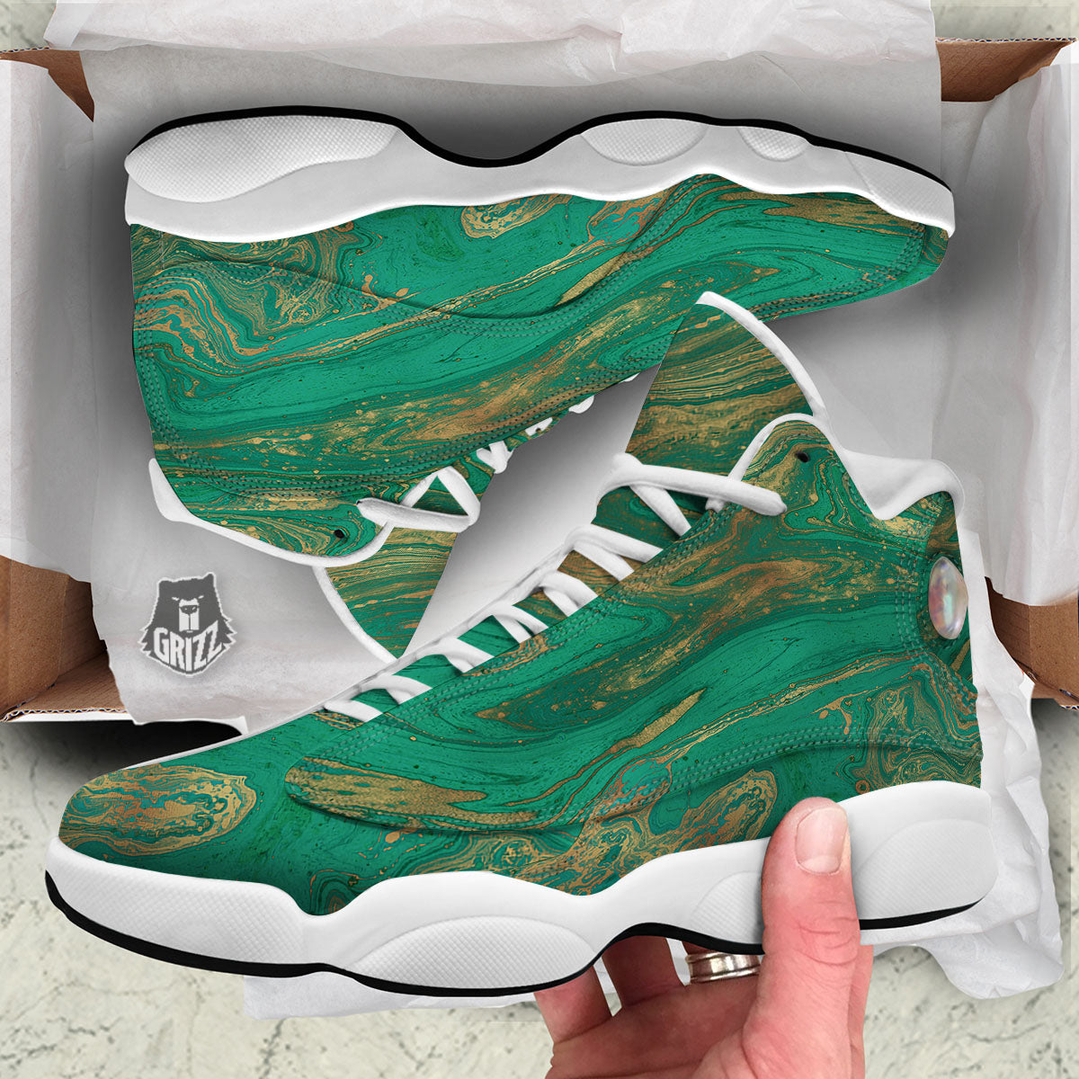 Marble Liquid Green Gold Print White Basketball Shoes-grizzshop