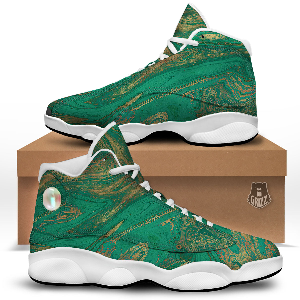 Marble Liquid Green Gold Print White Basketball Shoes-grizzshop