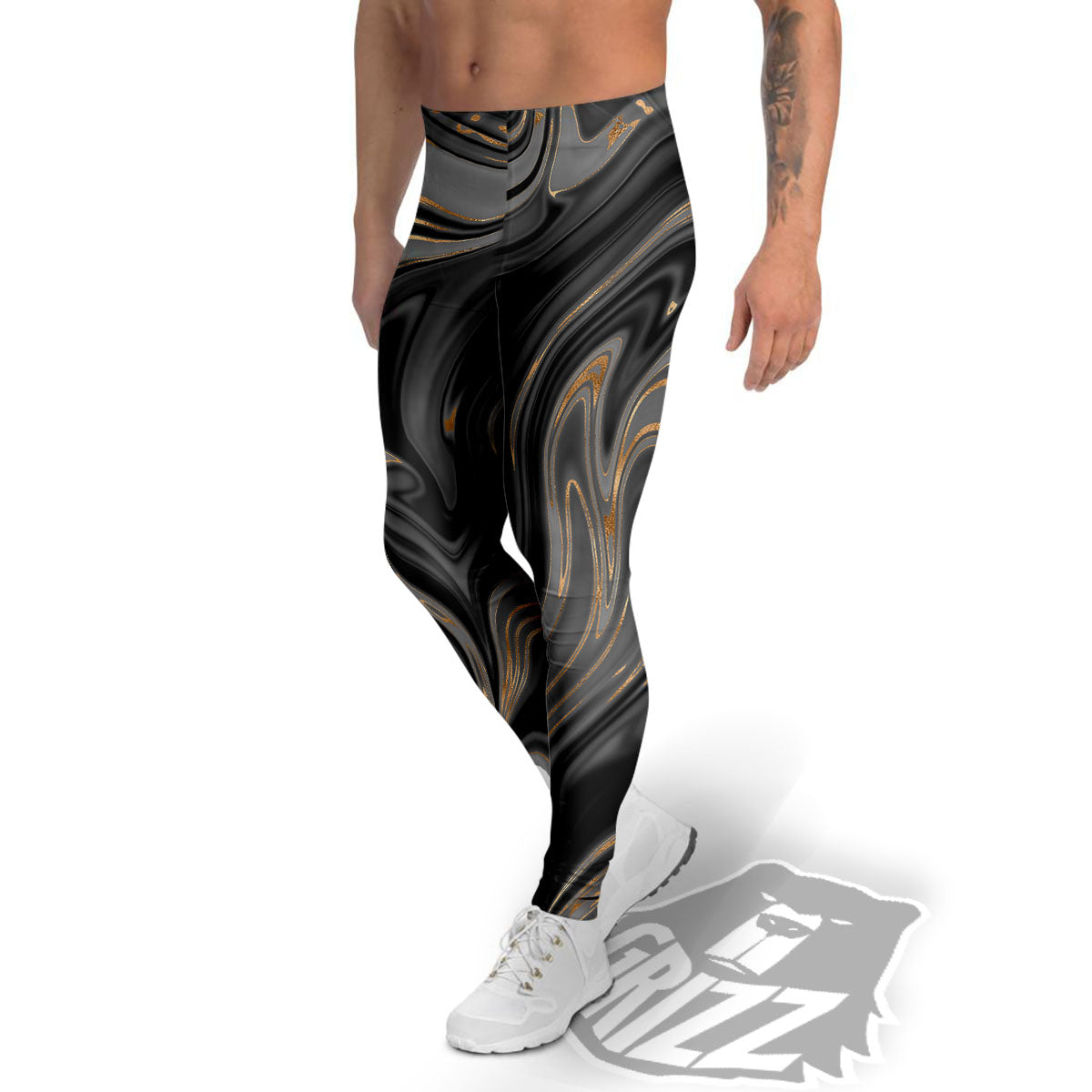 Marble Liquid Grey Gold Print Men's Leggings-grizzshop