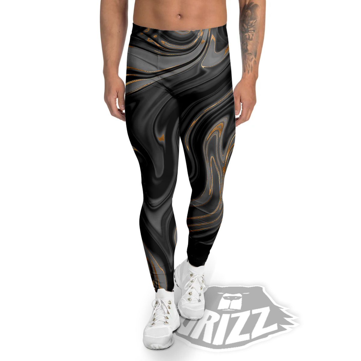 Marble Liquid Grey Gold Print Men's Leggings-grizzshop
