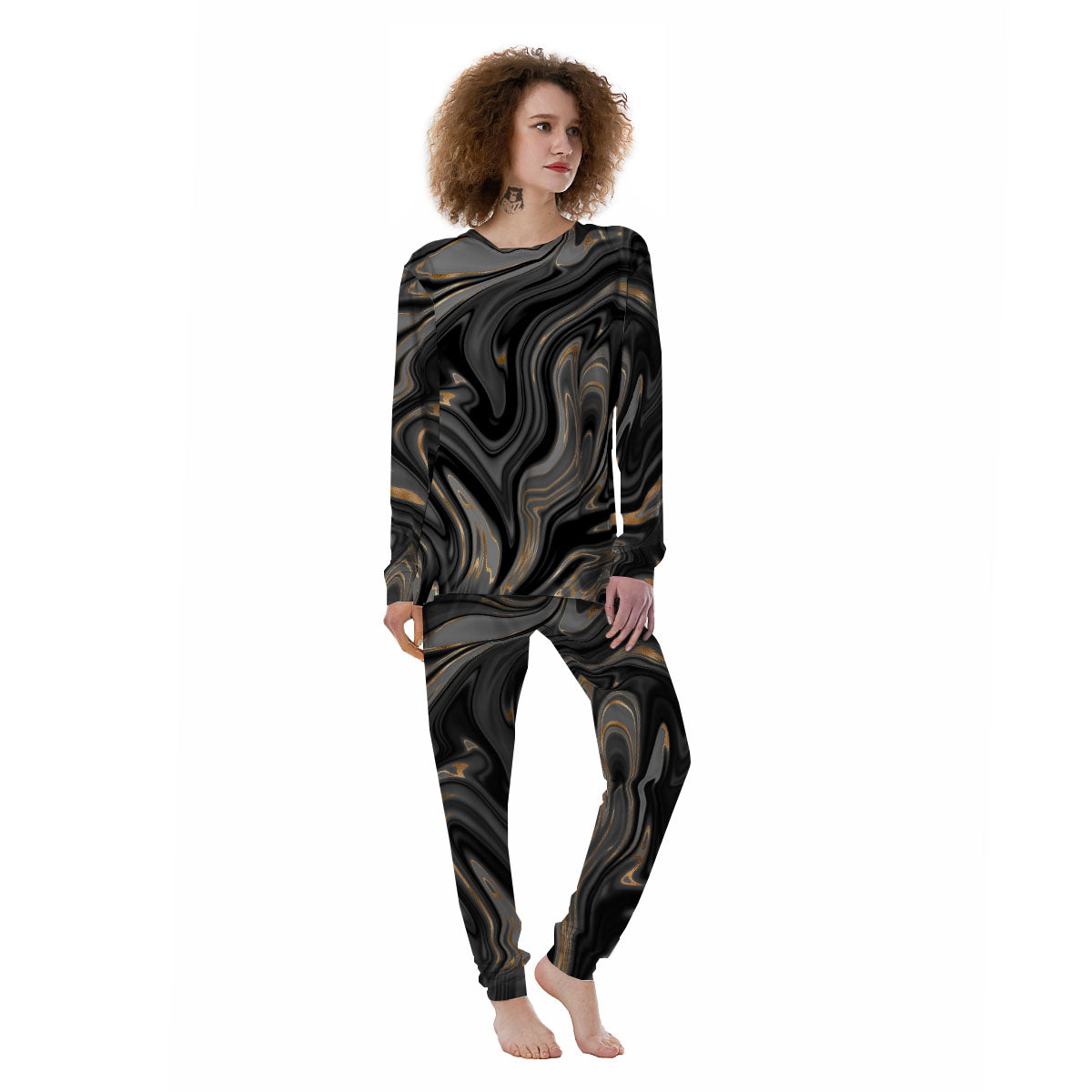 Marble Liquid Grey Gold Print Women's Pajamas-grizzshop