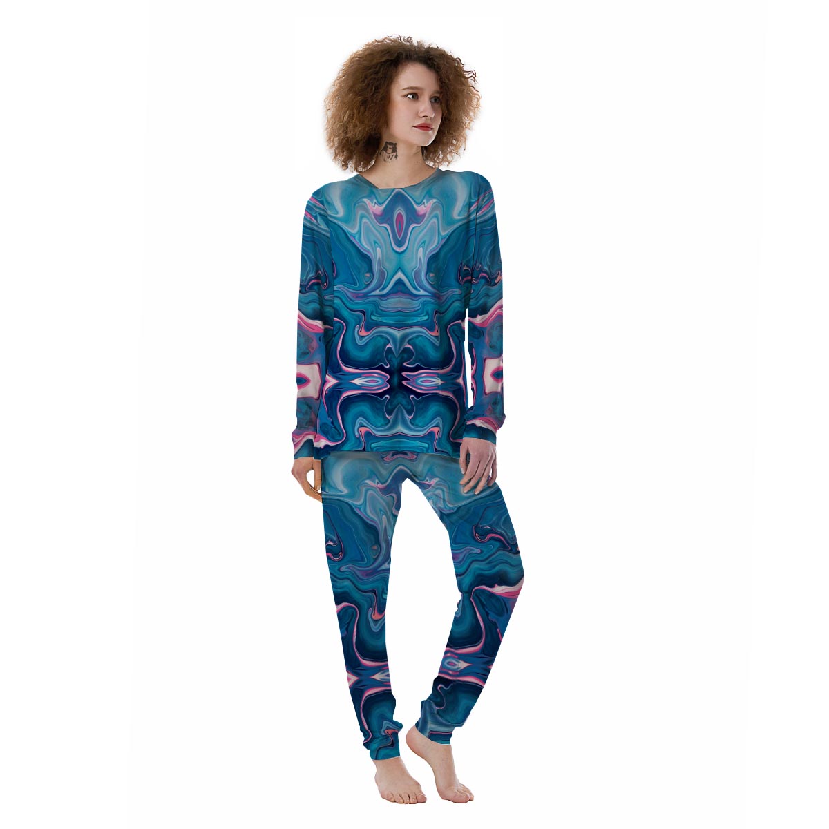 Marble Liquid Teal Pink Print Pattern Women's Pajamas-grizzshop