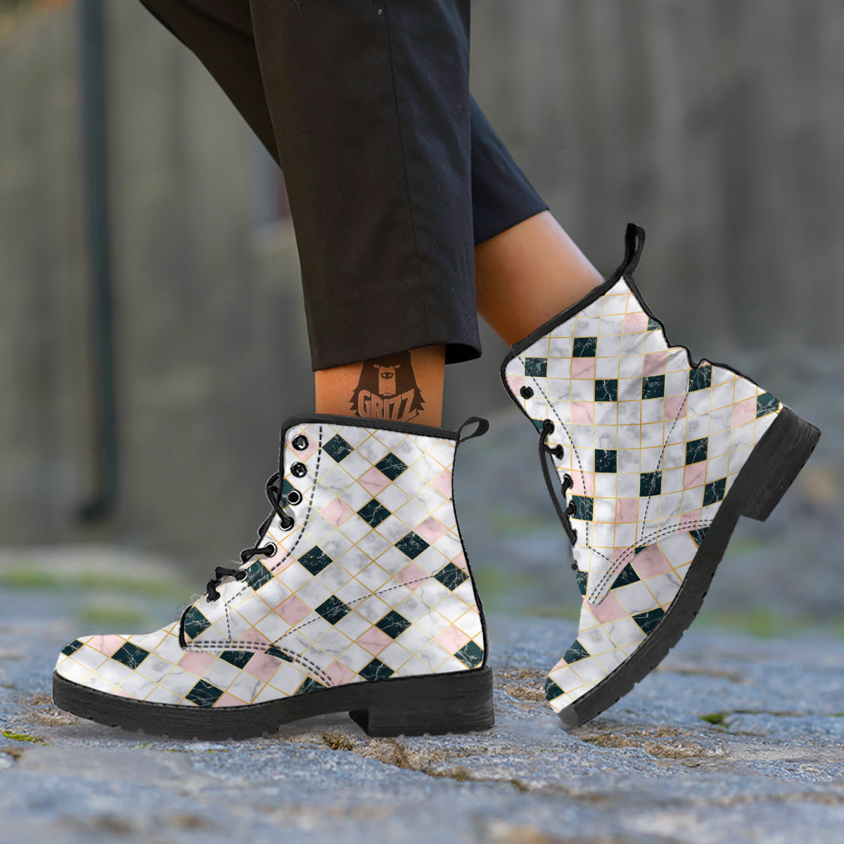 Marble Luxury Geometric Print Leather Boots-grizzshop