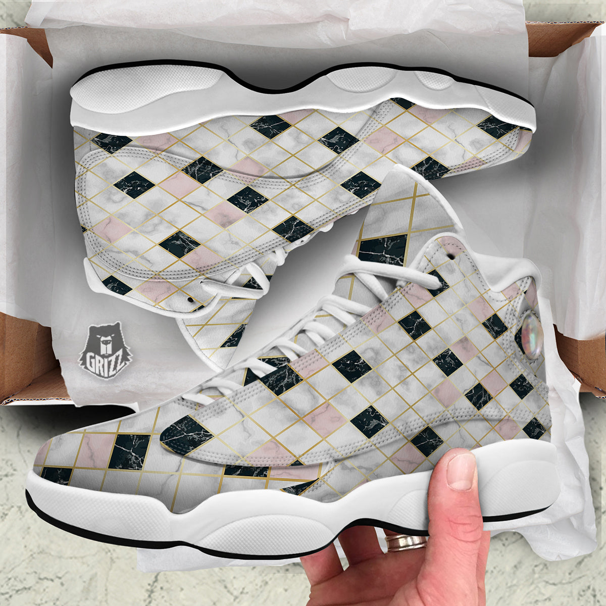 Marble Luxury Geometric Print White Basketball Shoes-grizzshop