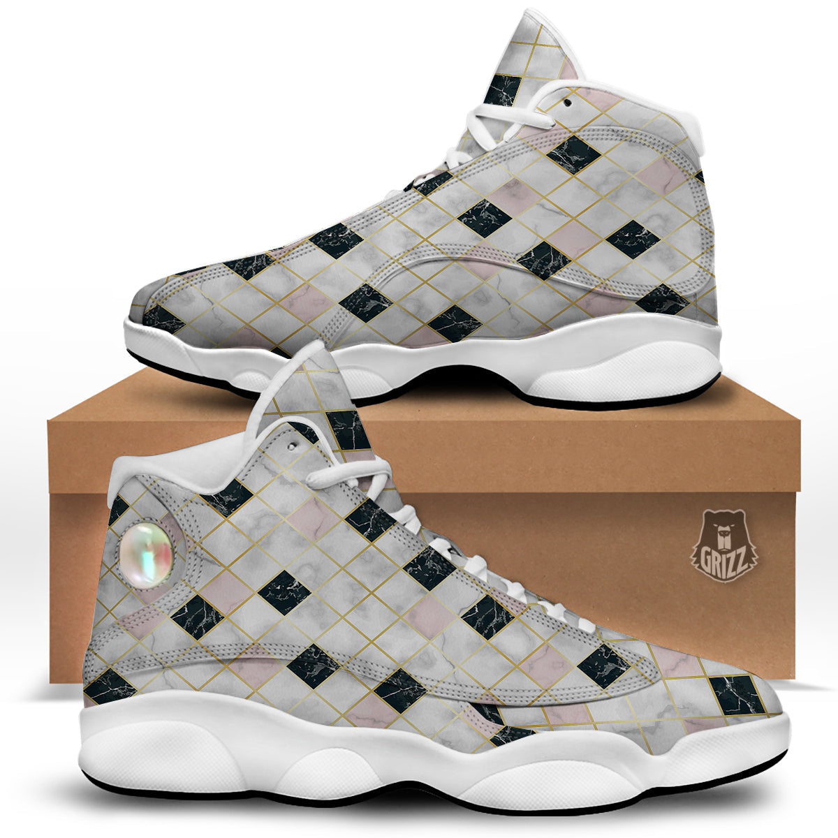 Marble Luxury Geometric Print White Basketball Shoes-grizzshop