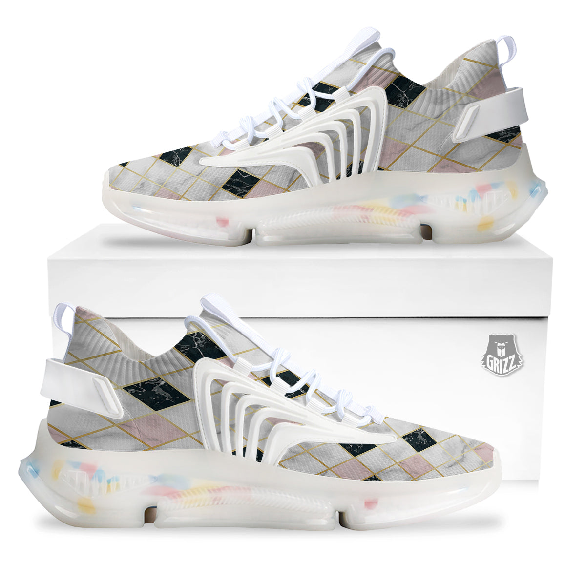Marble Luxury Geometric Print White Gym Shoes-grizzshop