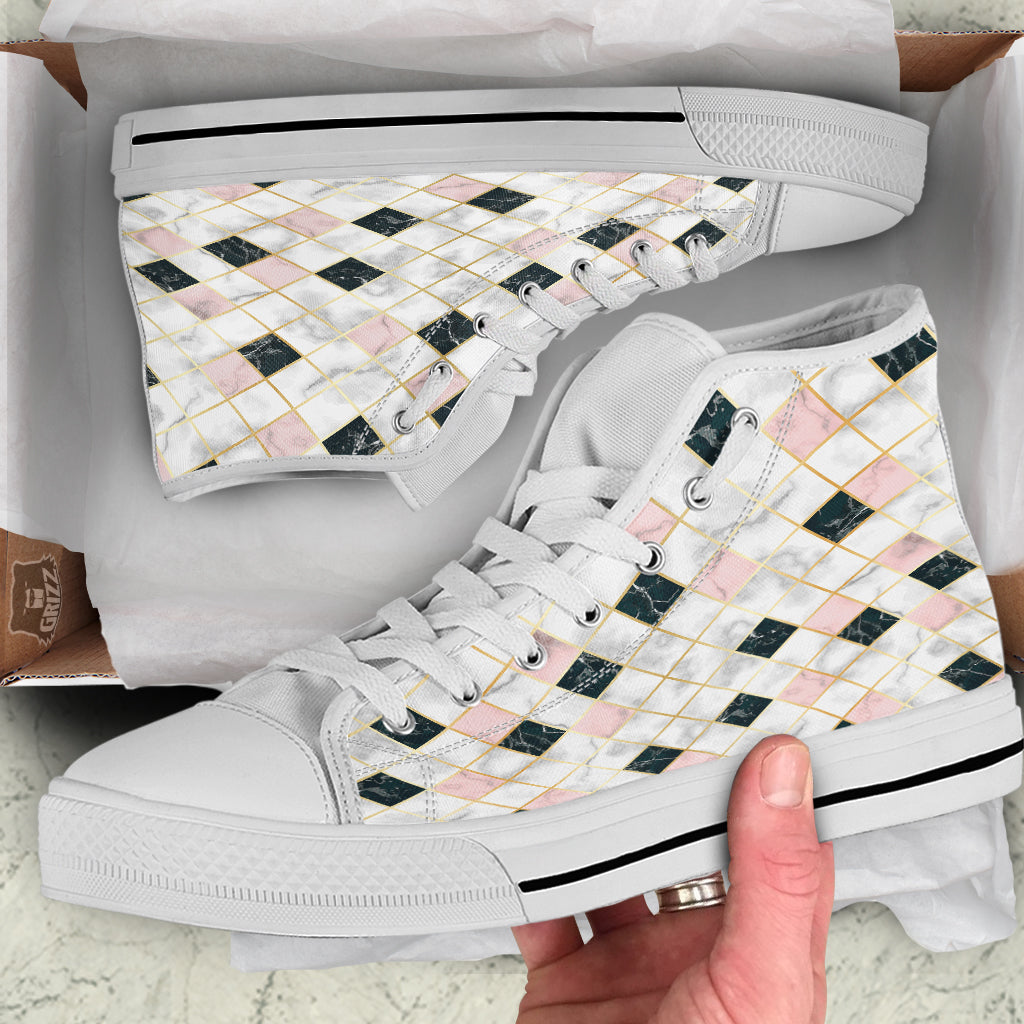 Marble Luxury Geometric Print White High Top Shoes-grizzshop