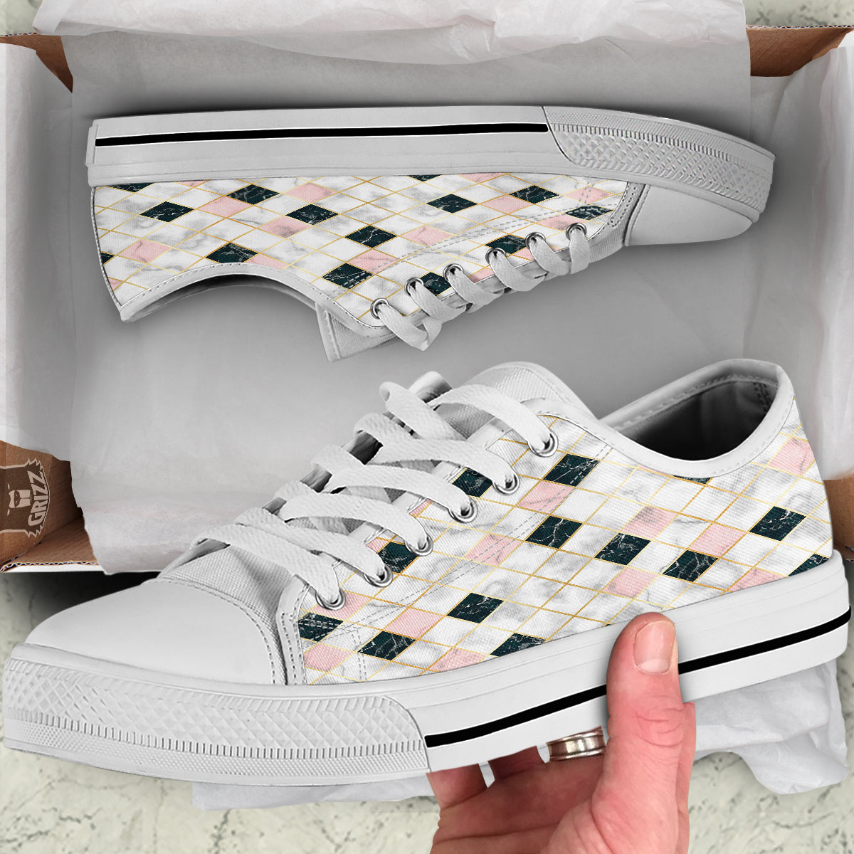Marble Luxury Geometric Print White Low Top Shoes-grizzshop